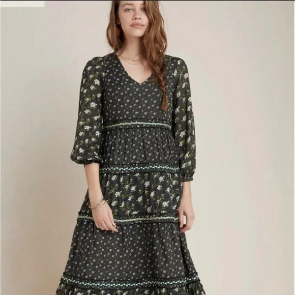 Anthropologie Tiered Maxi Bohemian feminine floral green spring dress Sz 4 Small - Picture 2 of 4